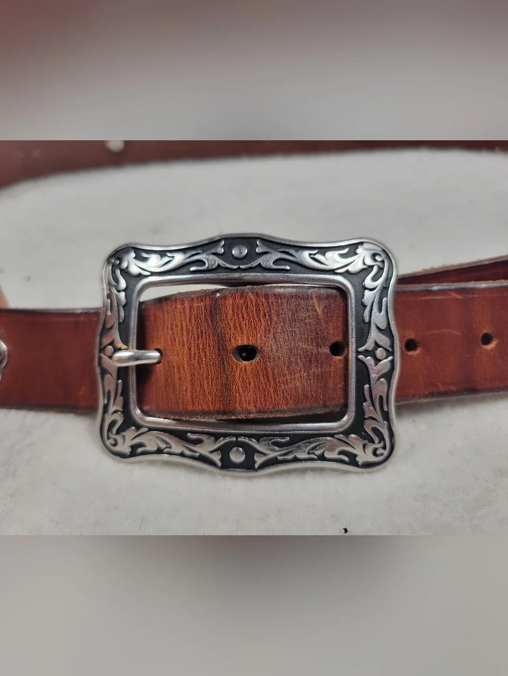 Vintage Western Style Leather Belt with Rhinestones & Horse Shoe Buckle